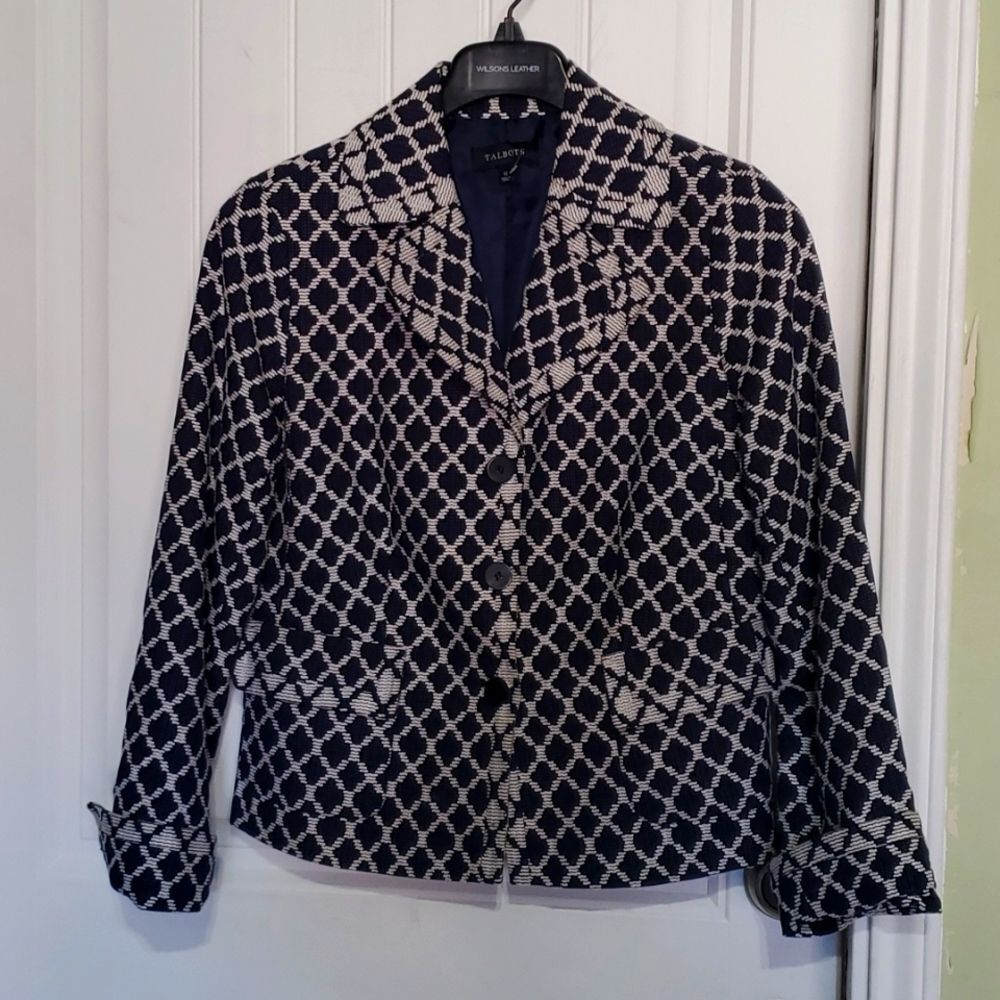 Talbots Navy Blue White Diamond Print Blazer Jacket Size 12